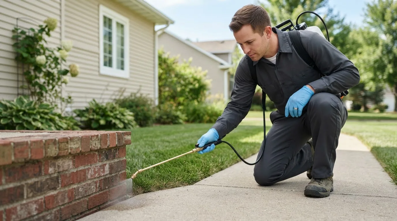 Pest control technician treating a home near Terrebonne, OR